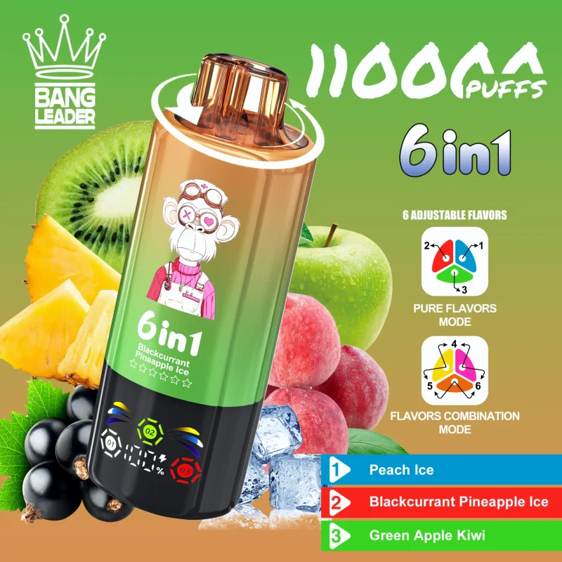 Bang Leader 110000 – 110K Puff - Peach Ice & Blackcurrant Pineapple Ice & Green Apple Kiwi