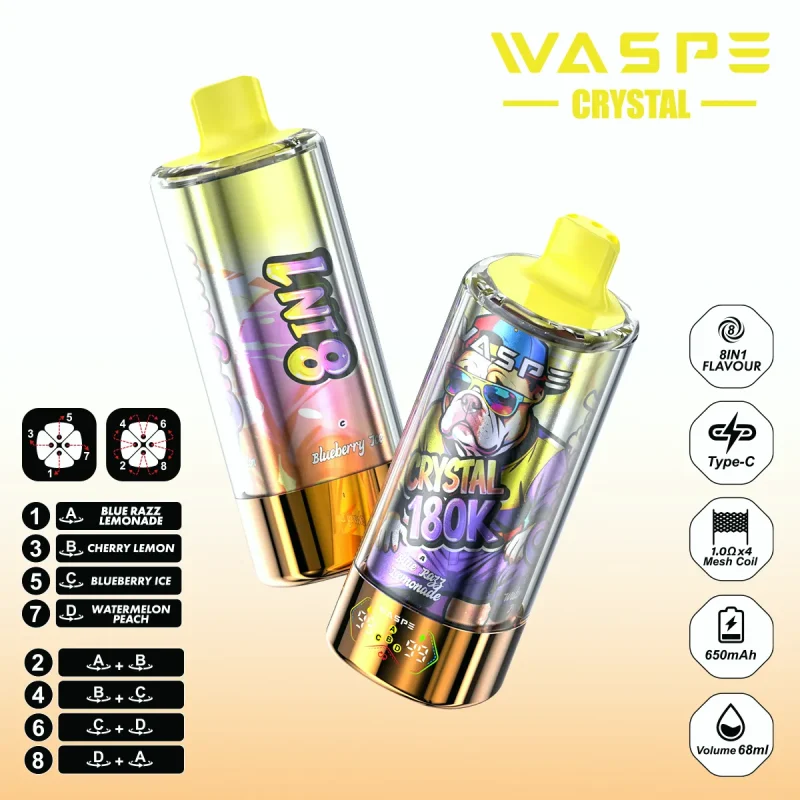 Waspe Crystal 180K-180K Puffar Vape - BLUE RAZZLEMONADE & CHERRY LEMON & BLUEBERRY ICE & WATERMELON PEACH (2)
