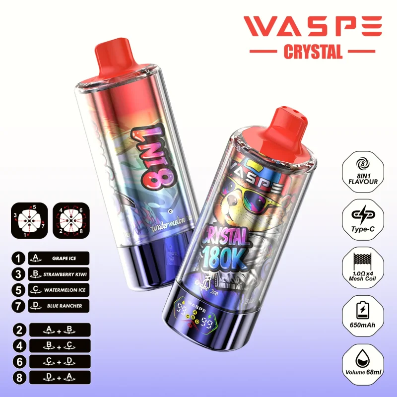 Waspe Crystal 180K-180K Puffar Vape - GRAPE ICE&STRAWBERRY KIWI & WATER MELON ICE & BLUE RANCHER (3)