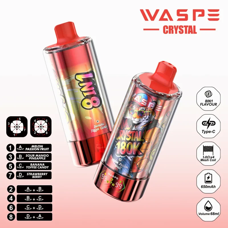 Waspe Crystal 180K-180K Puffar Vape - MELON PASSION FRUIT & SOUR MANGO PINEAPPLE & BANANA TOFFEE CANDY & STRAWBERRYBERRY (3)
