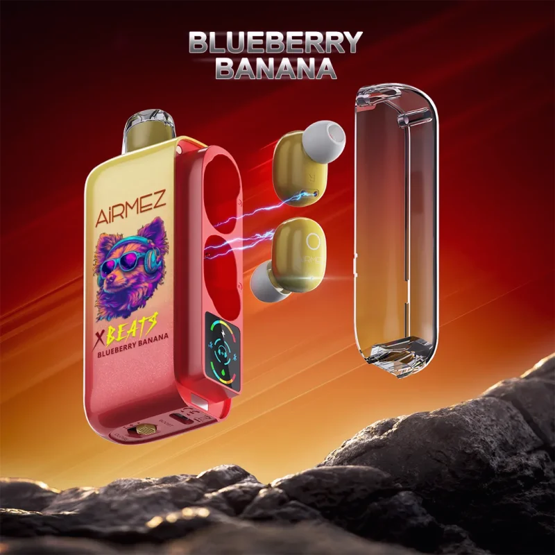 Airmez Xbeat 40000 40K Puffar (40000 puffar) Blueberry Banana 2% nikotin 2-in-1 TWS earbuds uppladdningsbar engångsvape 20ml 1000mAh