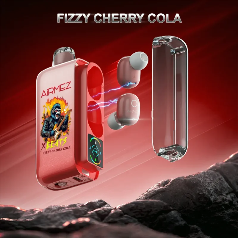 Airmez Xbeat 40000 40K Puffar (40000 puffar) Fizzy Cherry Cola 2% nikotin 2-in-1 TWS earbuds uppladdningsbar engångsvape 20ml 1000mAh