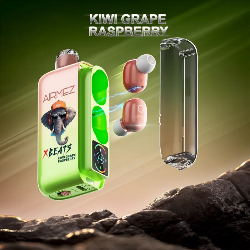 Airmez Xbeat 40000 40K Puffar (40000 puffar) Kiwi Grape Raspberry 2% nikotin 2-in-1 TWS earbuds uppladdningsbar engångsvape 20ml 1000mAh