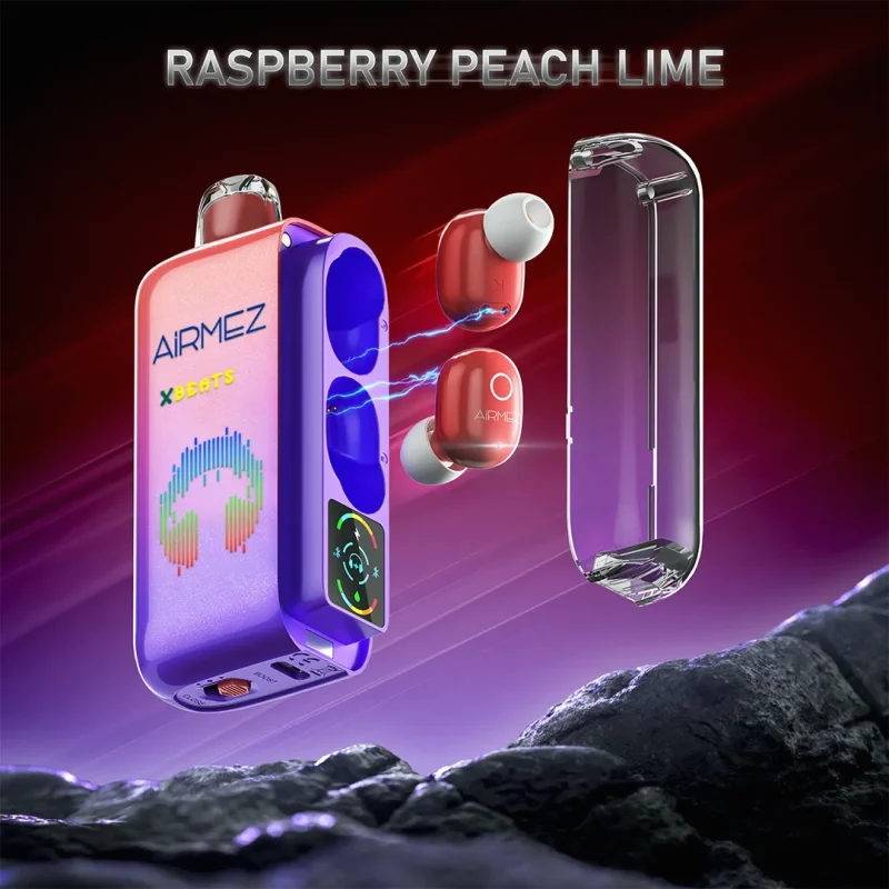 Airmez Xbeat 40000 40K Puffar (40000 puffar) Raspberry Peach Lime 5% nikotin 2-in-1 TWS earbuds uppladdningsbar engångsvape 20ml 1000mAh