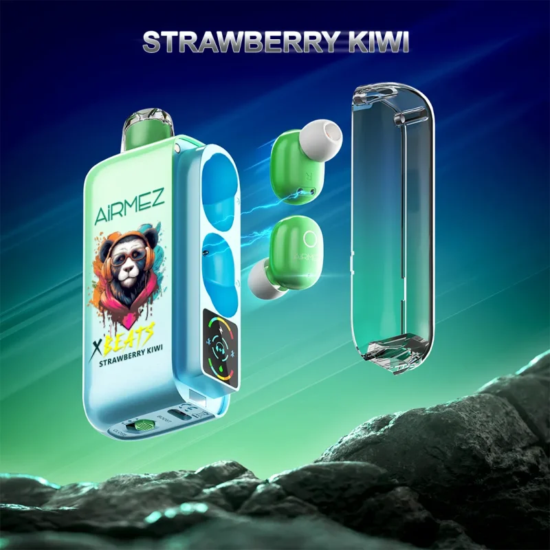 Airmez Xbeat 40000 40K Puffar (40000 puffar) Strawberry Kiwi 2% nikotin 2-in-1 TWS earbuds uppladdningsbar engångsvape 20ml 1000mAh