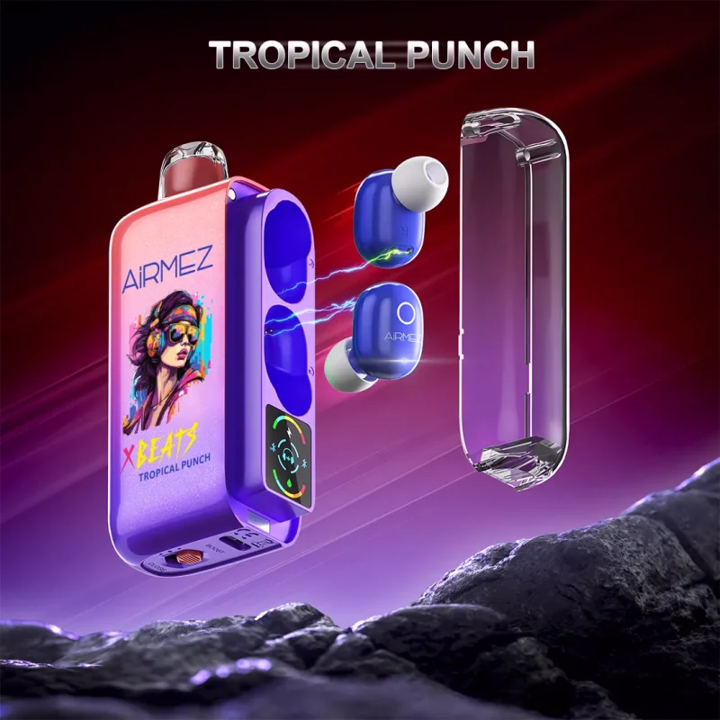 Airmez Xbeat 40000 40K Puffar (40000 puffar) Tropical Punch 2% nikotin 2-in-1 TWS earbuds uppladdningsbar engångsvape 20ml 1000mAh