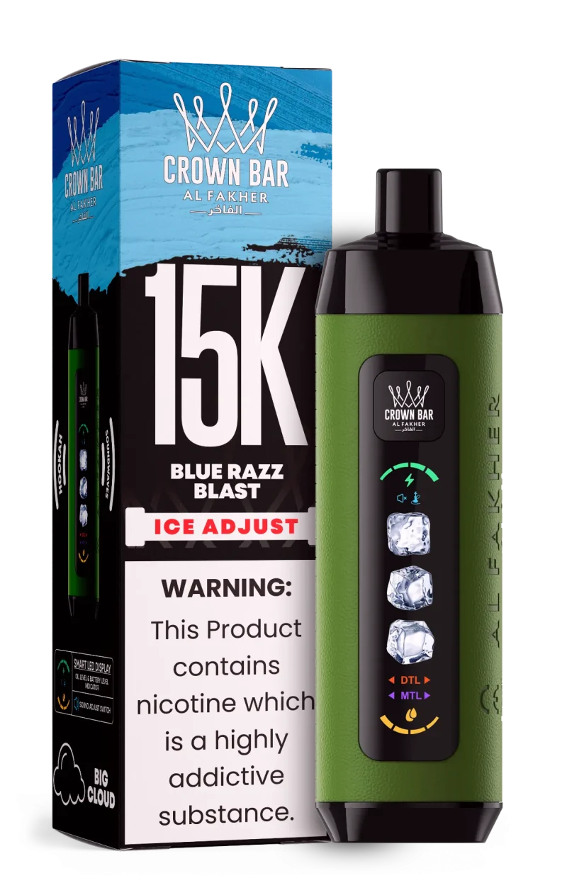 Al Fakher 15000 Ice Adjust 15000 Puffar (15000 puffar) Blue Razz Blast 0.5% nikotin uppladdningsbar engångsvape 850mAh dual mesh coil digital display ice adjust 22ml EU lager