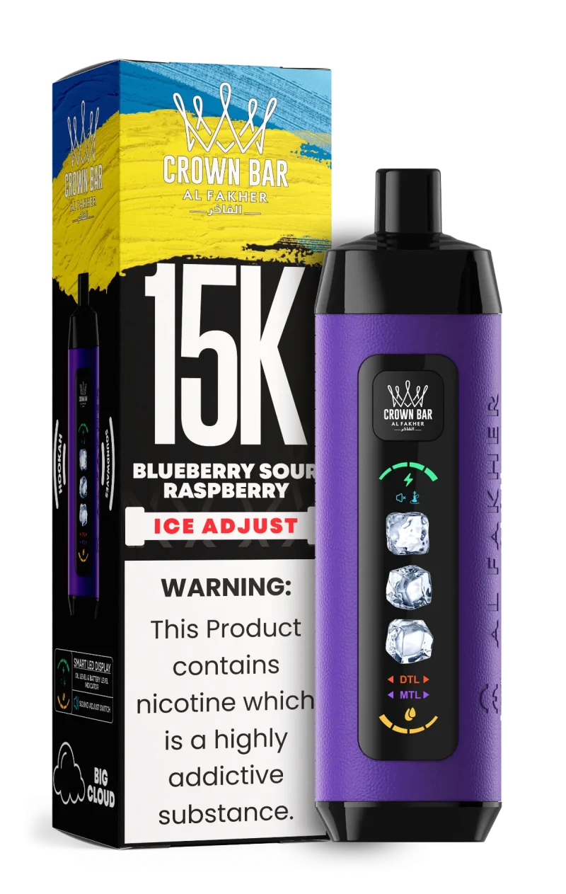 Al Fakher 15000 Ice Adjust 15000 Puffar (15000 puffar) Blueberry Sour Raspberry 0.5% nikotin uppladdningsbar engångsvape 850mAh dual mesh coil digital display ice adjust 22ml EU lager