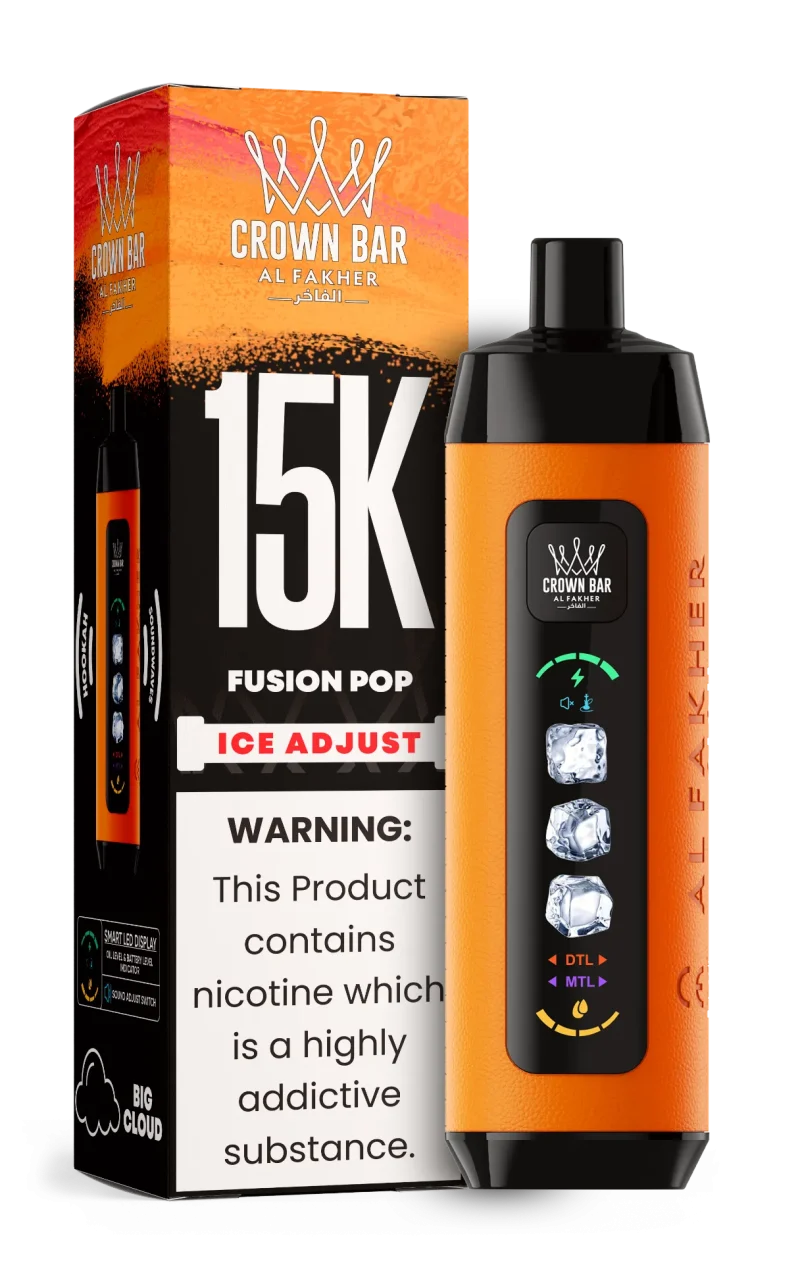 Al Fakher 15000 Ice Adjust 15000 Puffar (15000 puffar) Fusion Pop 0.5% nikotin uppladdningsbar engångsvape 850mAh dual mesh coil digital display ice adjust 22ml EU lager