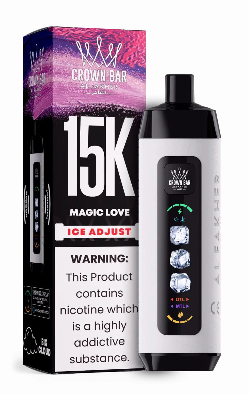 Al Fakher 15000 Ice Adjust 15000 Puffar (15000 puffar) Magic Love 0.5% nikotin uppladdningsbar engångsvape 850mAh dual mesh coil digital display ice adjust 22ml EU lager