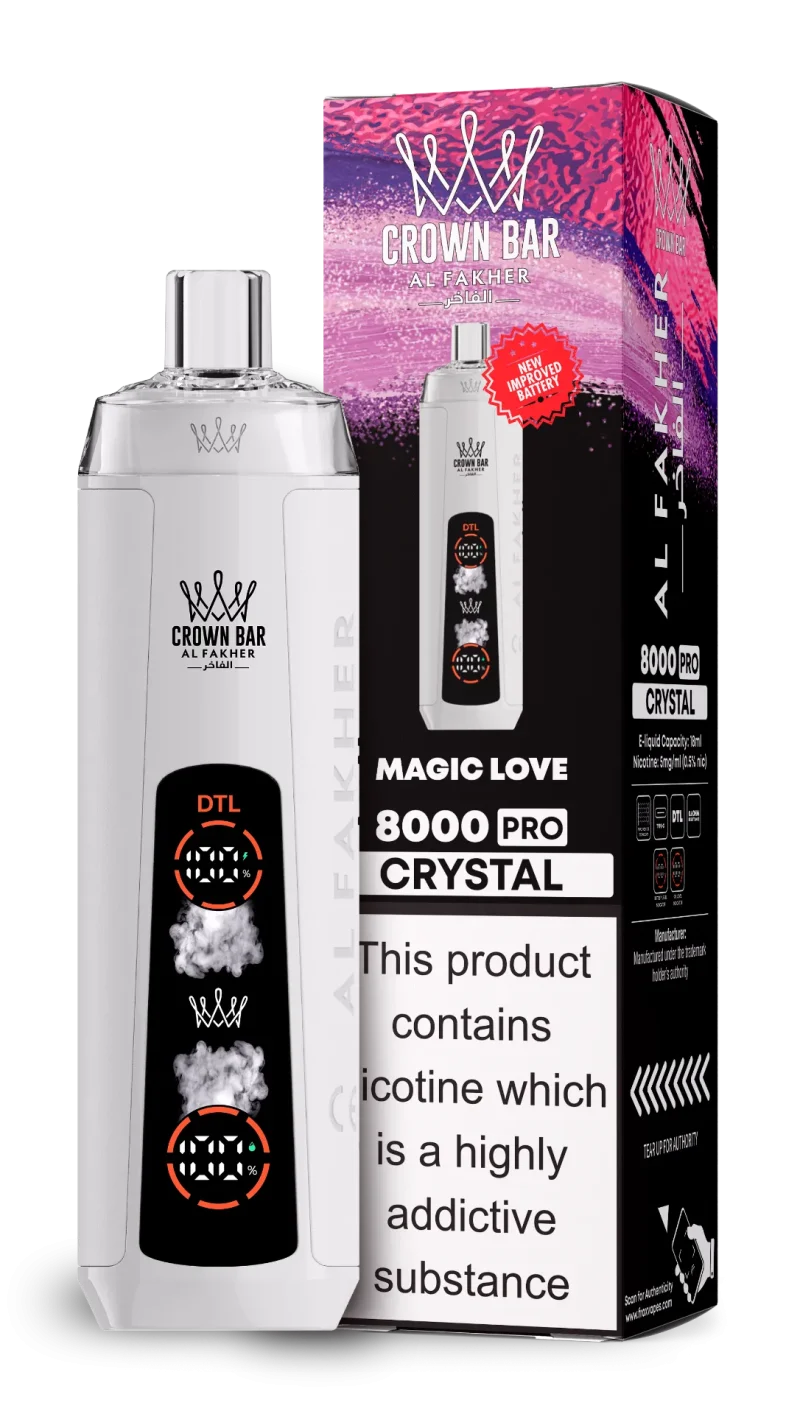 AL Fakher 8000 Crystal 8000 Puffar (8000 puffar) Magic Love 0.5% nikotin uppladdningsbar engångsvape 1200mAh dual mesh coil digital display 18ml EU lager