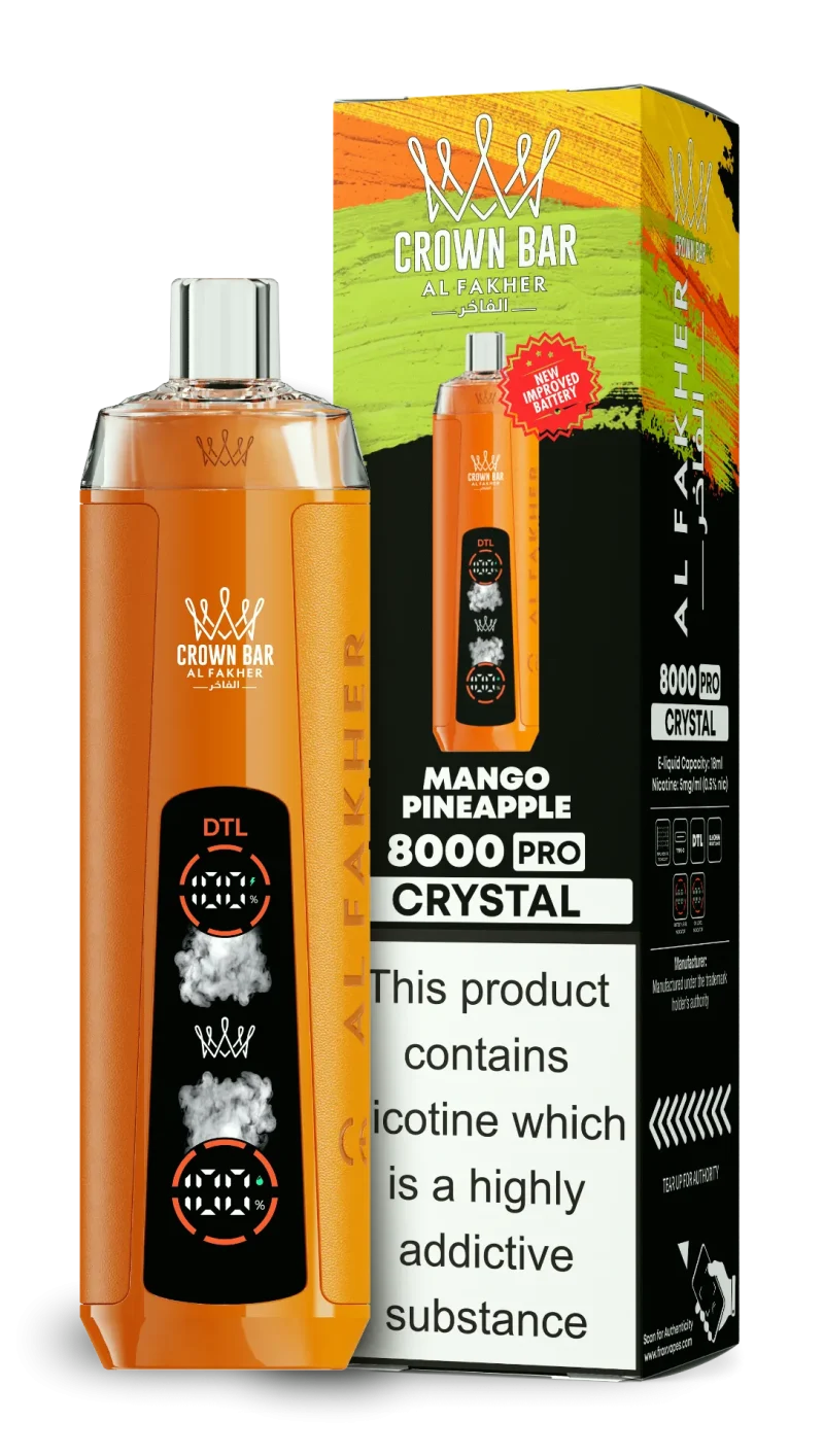 AL Fakher 8000 Crystal 8000 Puffar (8000 puffar) Mango Pineapple 0.5% nikotin uppladdningsbar engångsvape 1200mAh dual mesh coil digital display 18ml EU lager