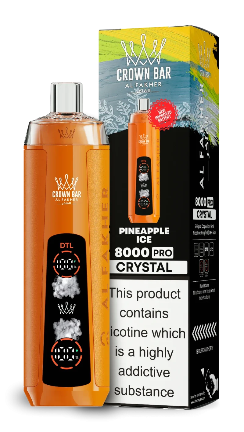 AL Fakher 8000 Crystal 8000 Puffar (8000 puffar) Pineapple Ice 0.5% nikotin uppladdningsbar engångsvape 1200mAh dual mesh coil digital display 18ml EU lager