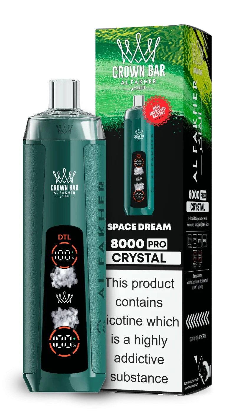 AL Fakher 8000 Crystal 8000 Puffar (8000 puffar) Space Dream 0.5% nikotin uppladdningsbar engångsvape 1200mAh dual mesh coil digital display 18ml EU lager