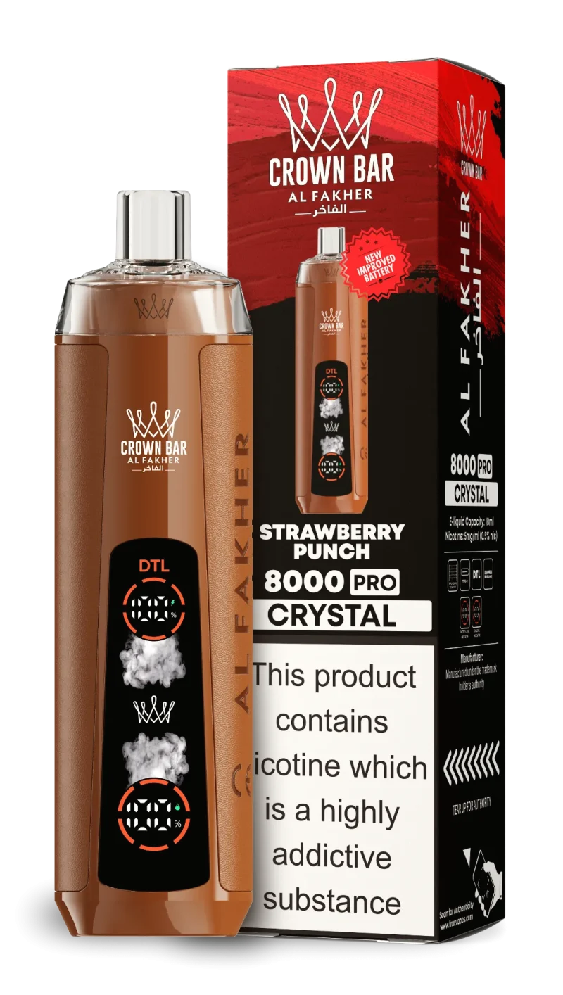 AL Fakher 8000 Crystal 8000 Puffar (8000 puffar) Strawberry Punch 0.5% nikotin uppladdningsbar engångsvape 1200mAh dual mesh coil digital display 18ml EU lager
