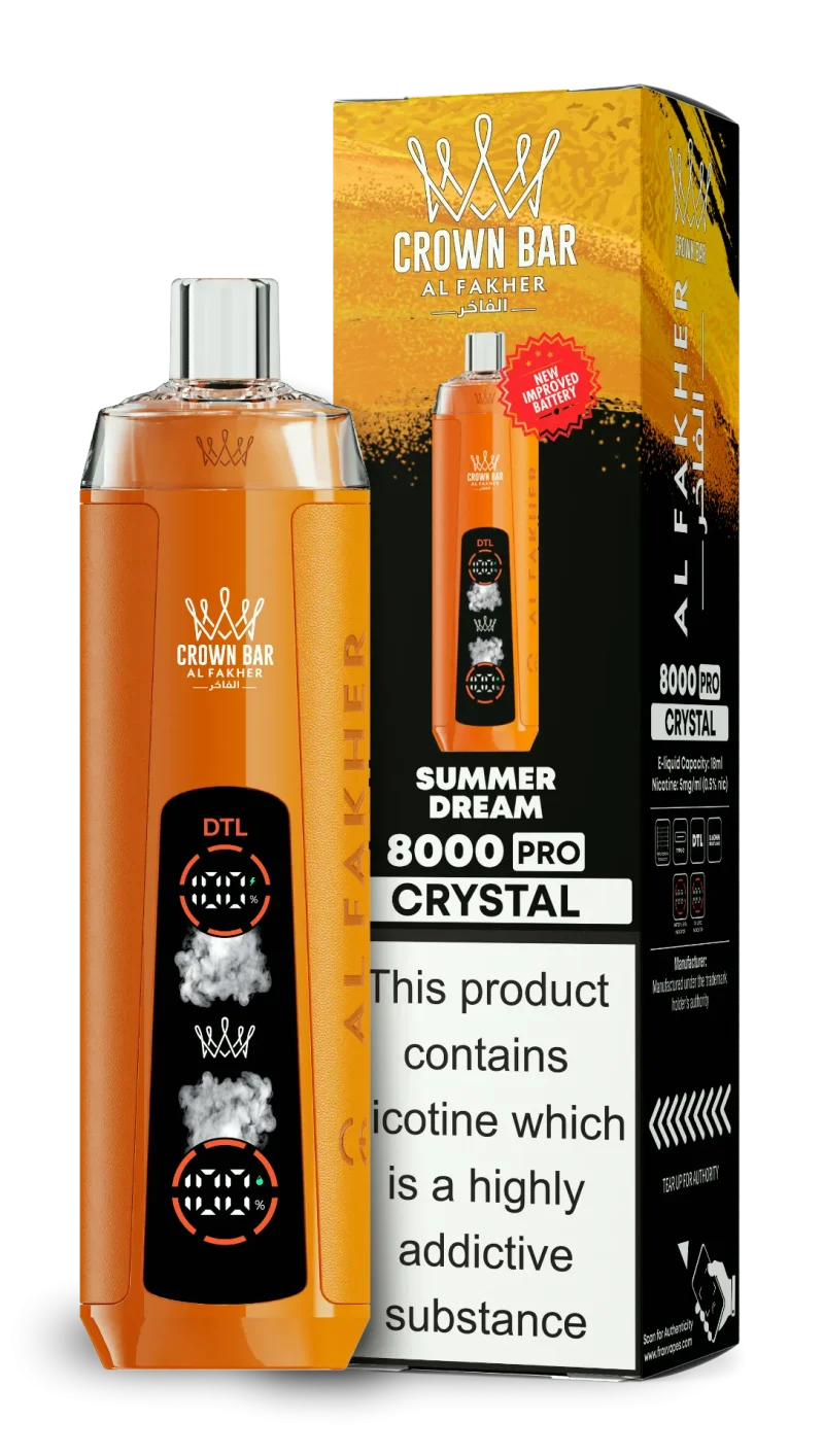AL Fakher 8000 Crystal 8000 Puffar (8000 puffar) Summer Dream 0.5% nikotin uppladdningsbar engångsvape 1200mAh dual mesh coil digital display 18ml EU lager