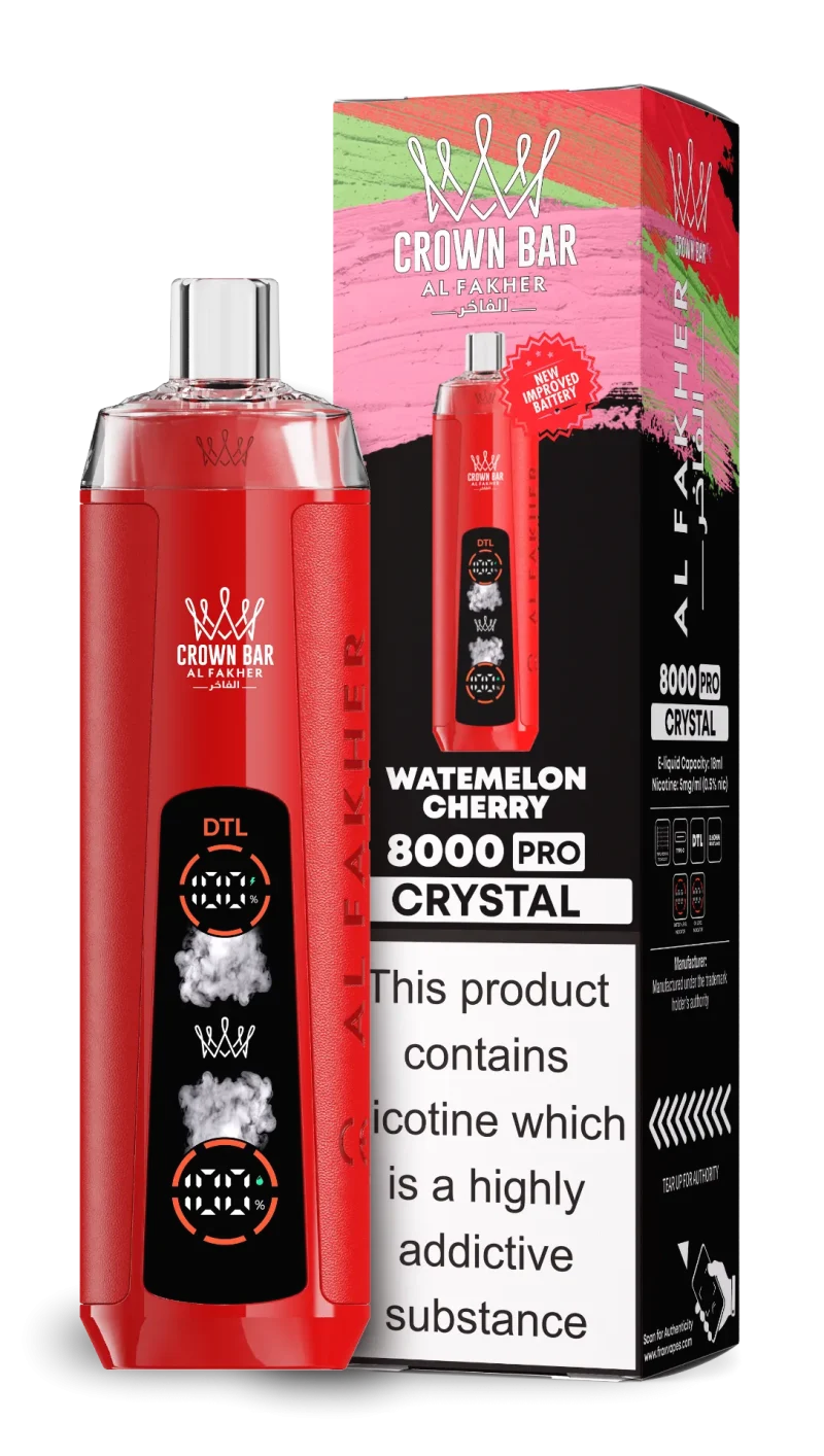 AL Fakher 8000 Crystal 8000 Puffar (8000 puffar) Watermelon Cherry 0.5% nikotin uppladdningsbar engångsvape 1200mAh dual mesh coil digital display 18ml EU lager