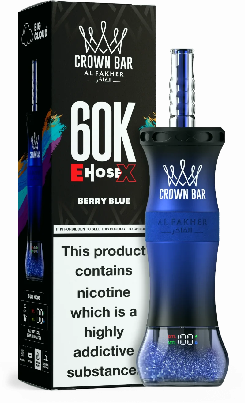 Al Fakher Crown Bar E Hose X 60000 Puffar (60000 puffar) Berry Blue 0.5% nikotin uppladdningsbar engångsvape 1000mAh dual mesh coil digital display 50ml EU lager