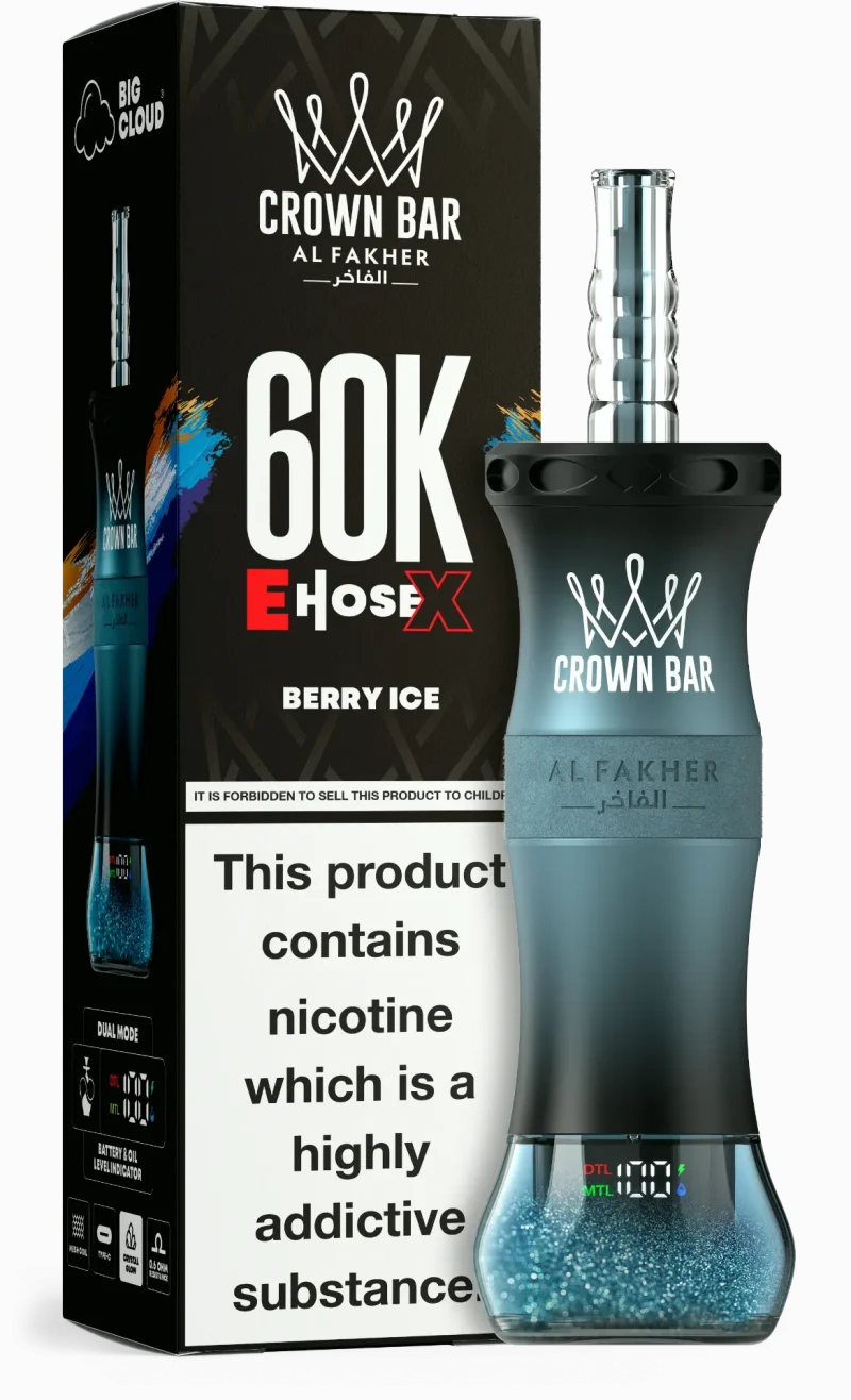 Al Fakher Crown Bar E Hose X 60000 Puffar (60000 puffar) Berry Ice 0.5% nikotin uppladdningsbar engångsvape 1000mAh dual mesh coil digital display 50ml EU lager