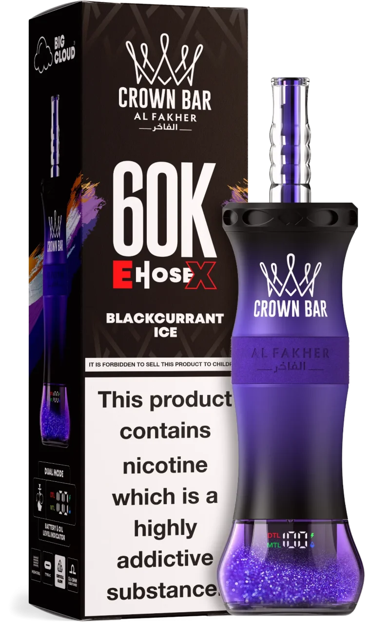 Al Fakher Crown Bar E Hose X 60000 Puffar (60000 puffar) Blackcurrant Ice 0.5% nikotin uppladdningsbar engångsvape 1000mAh dual mesh coil digital display 50ml EU lager