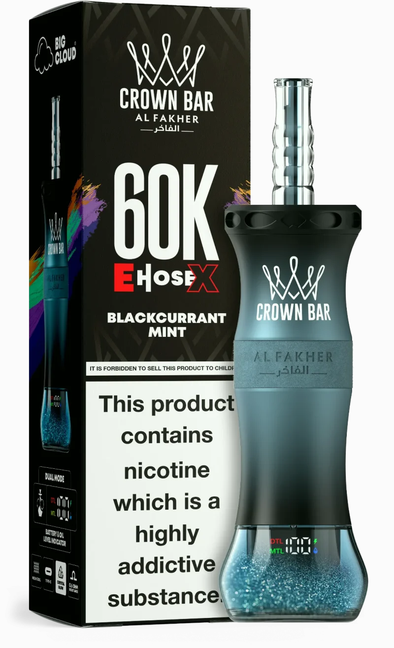 Al Fakher Crown Bar E Hose X 60000 Puffar (60000 puffar) Blackcurrant Mint 0.5% nikotin uppladdningsbar engångsvape 1000mAh dual mesh coil digital display 50ml EU lager