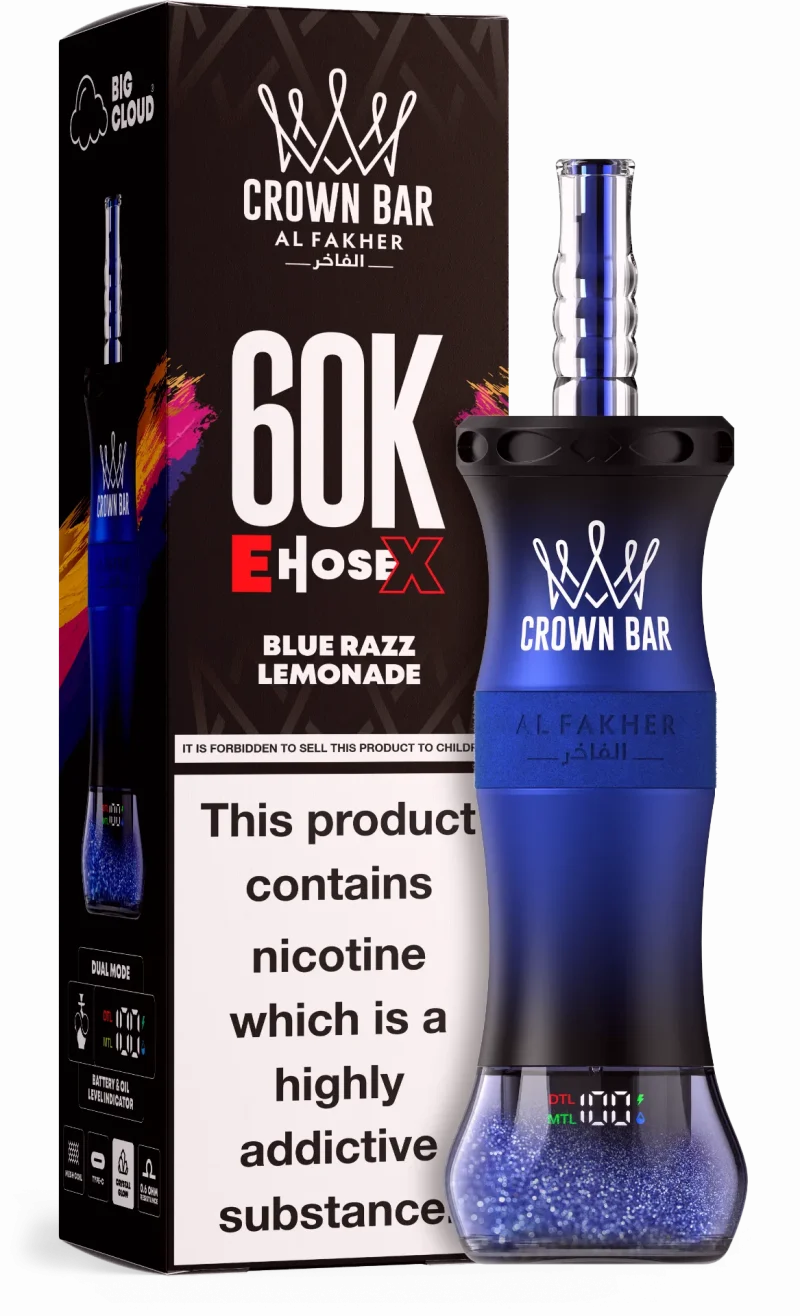 Al Fakher Crown Bar E Hose X 60000 Puffar (60000 puffar) Blue Razz Lemonade 0.5% nikotin uppladdningsbar engångsvape 1000mAh dual mesh coil digital display 50ml EU lager