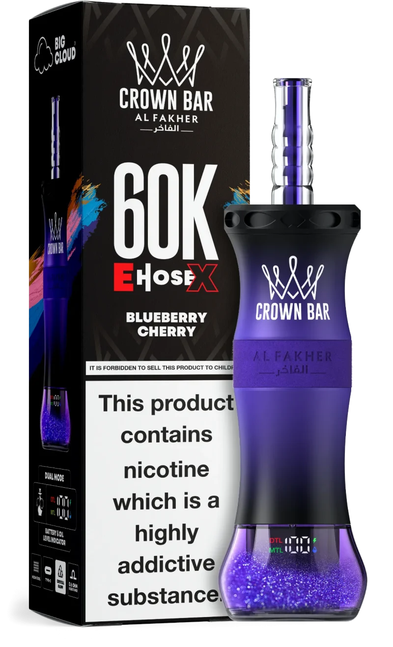 Al Fakher Crown Bar E Hose X 60000 Puffar (60000 puffar) Blueberry Cherry 0.5% nikotin uppladdningsbar engångsvape 1000mAh dual mesh coil digital display 50ml EU lager