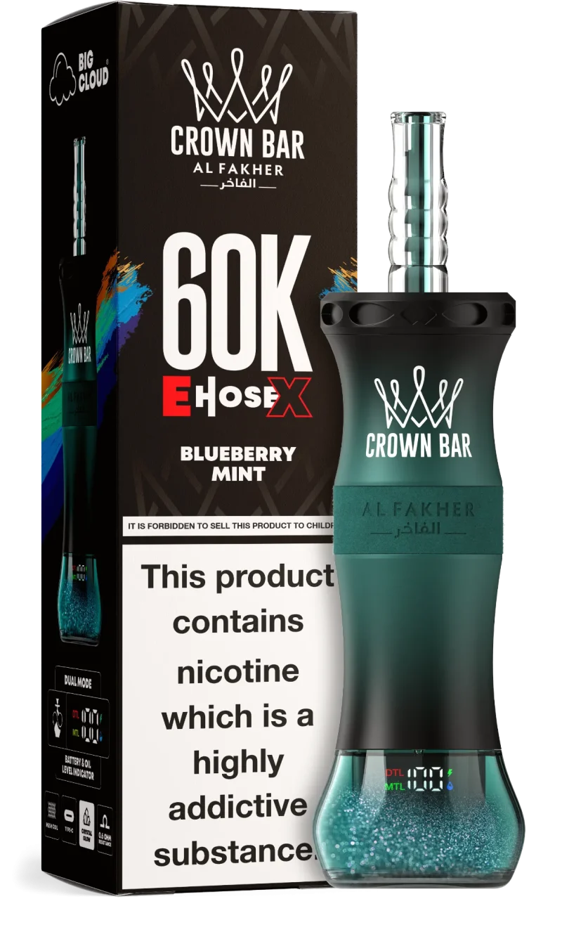 Al Fakher Crown Bar E Hose X 60000 Puffar (60000 puffar) Blueberry Mint 0.5% nikotin uppladdningsbar engångsvape 1000mAh dual mesh coil digital display 50ml EU lager