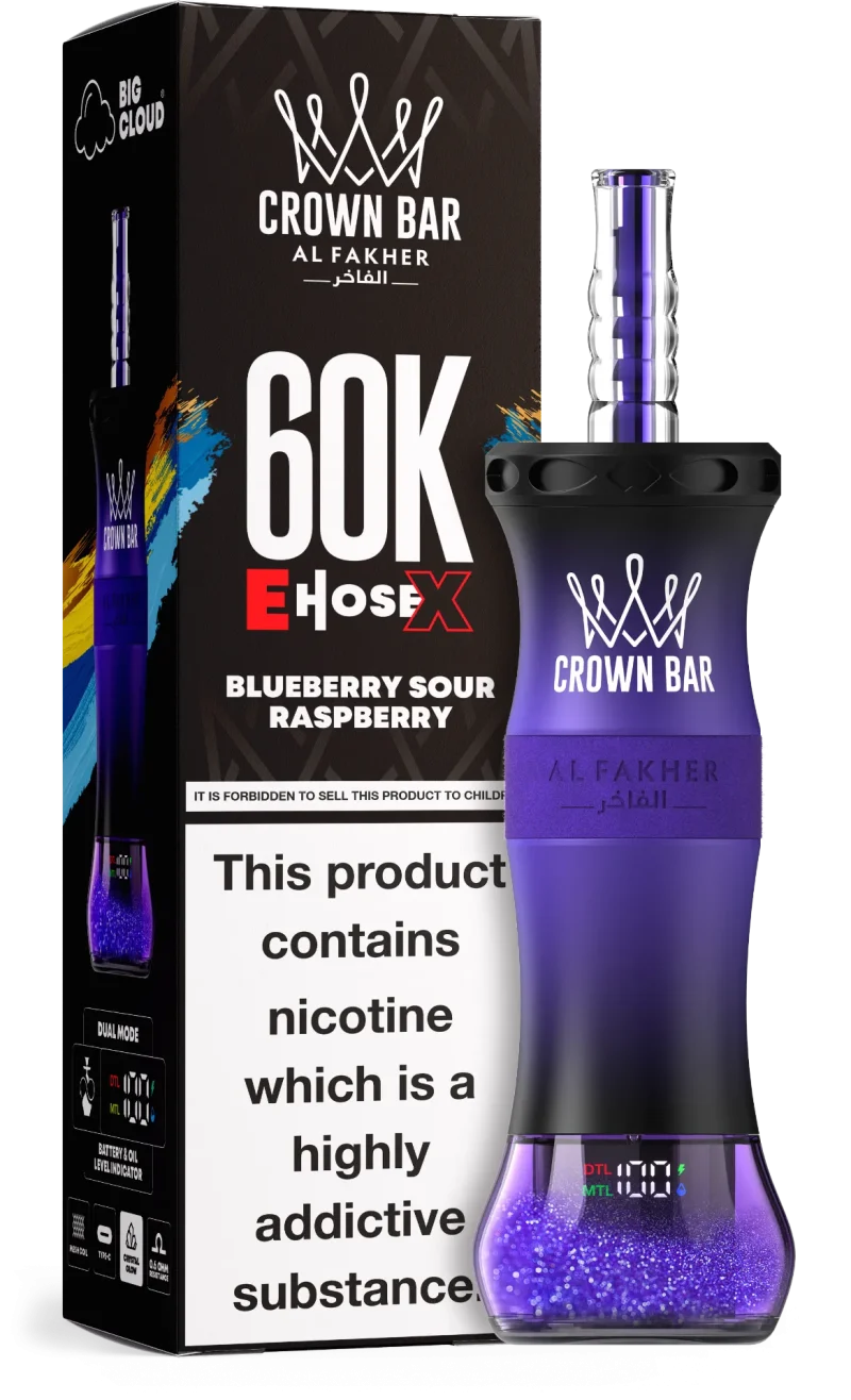 Al Fakher Crown Bar E Hose X 60000 Puffar (60000 puffar) Blueberry Sour Raspberry 0.5% nikotin uppladdningsbar engångsvape 1000mAh dual mesh coil digital display 50ml EU lager