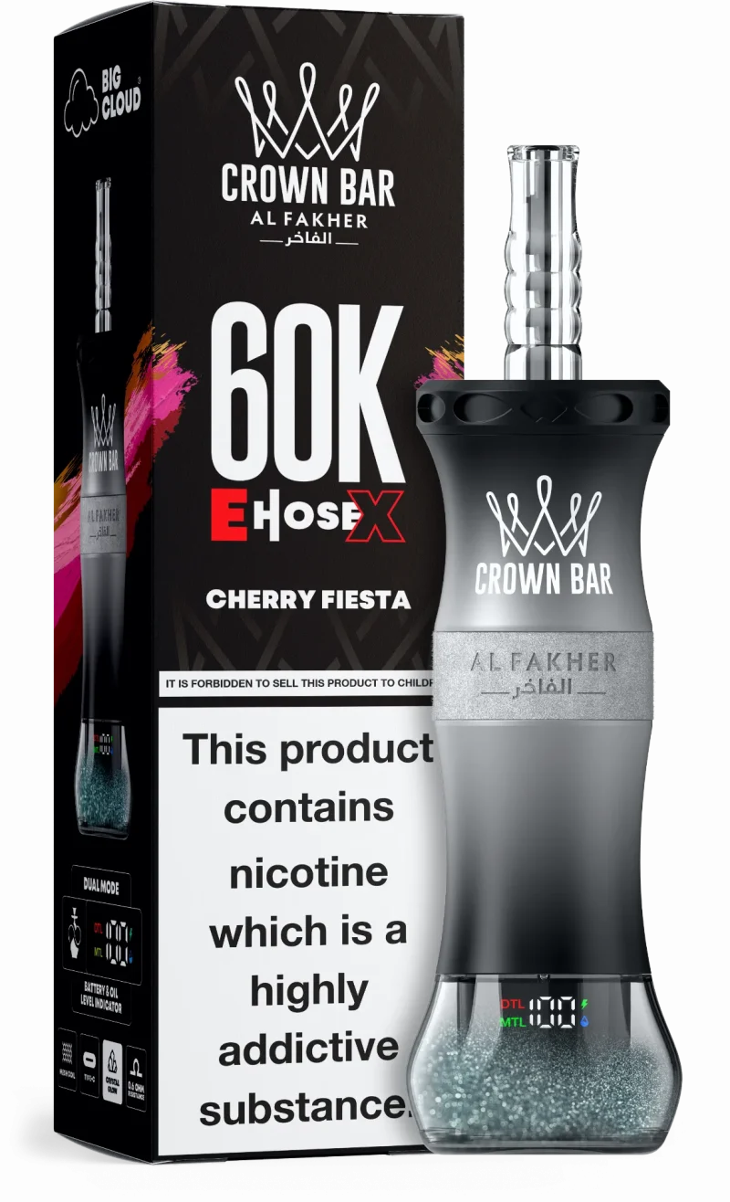 Al Fakher Crown Bar E Hose X 60000 Puffar (60000 puffar) Cherry Fiesta 0.5% nikotin uppladdningsbar engångsvape 1000mAh dual mesh coil digital display 50ml EU lager
