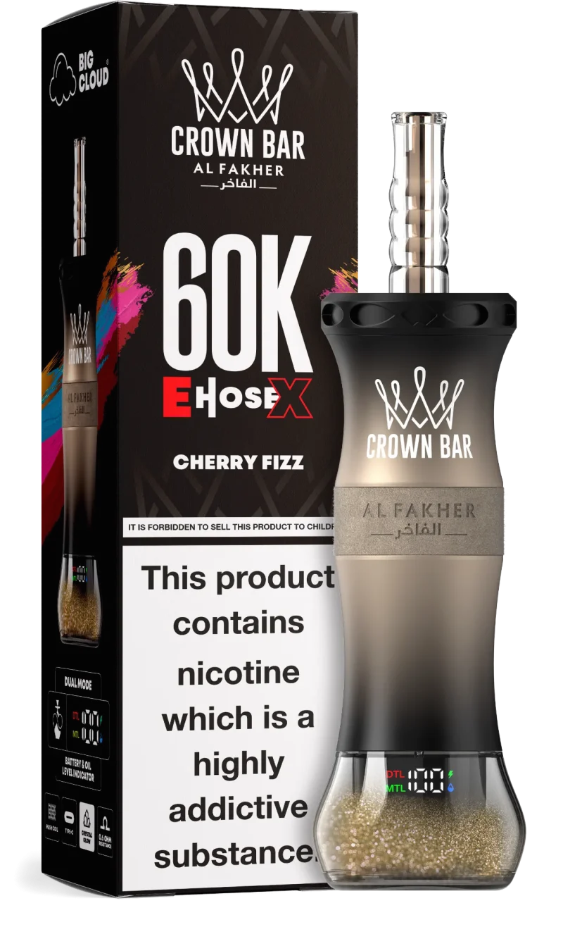 Al Fakher Crown Bar E Hose X 60000 Puffar (60000 puffar) Cherry Fizz 0.5% nikotin uppladdningsbar engångsvape 1000mAh dual mesh coil digital display 50ml EU lager