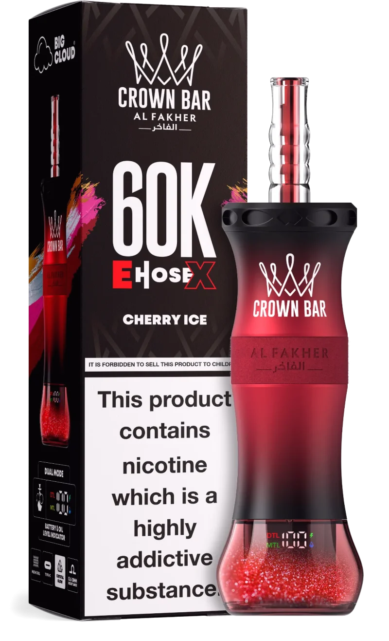 Al Fakher Crown Bar E Hose X 60000 Puffar (60000 puffar) Cherry Ice 0.5% nikotin uppladdningsbar engångsvape 1000mAh dual mesh coil digital display 50ml EU lager