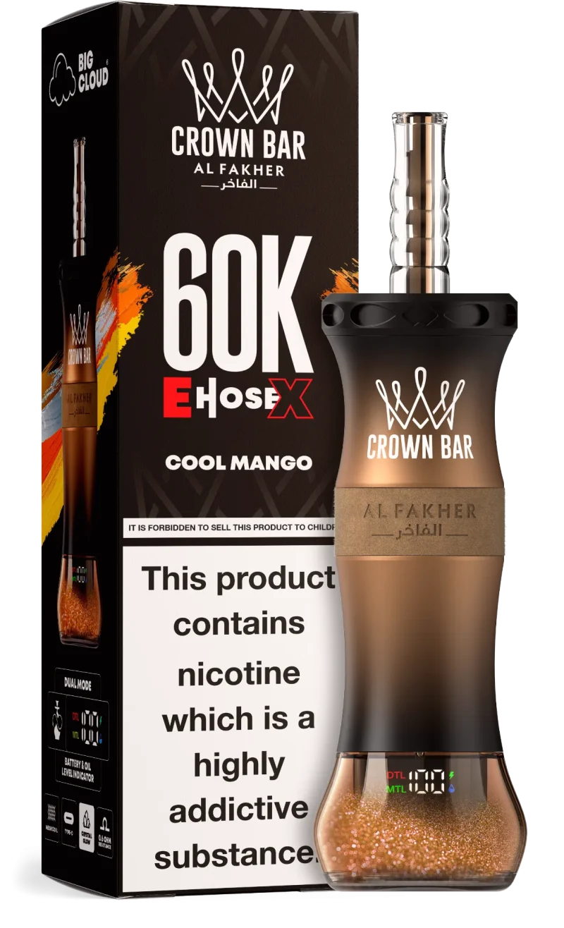 Al Fakher Crown Bar E Hose X 60000 Puffar (60000 puffar) Cool Mango 0.5% nikotin uppladdningsbar engångsvape 1000mAh dual mesh coil digital display 50ml EU lager