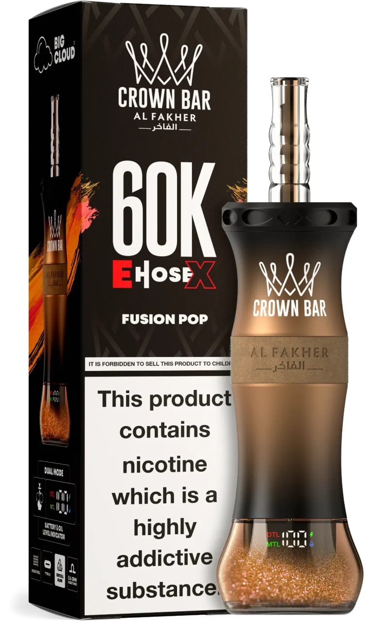 Al Fakher Crown Bar E Hose X 60000 Puffar (60000 puffar) Fusion Pop 0.5% nikotin uppladdningsbar engångsvape 1000mAh dual mesh coil digital display 50ml EU lager