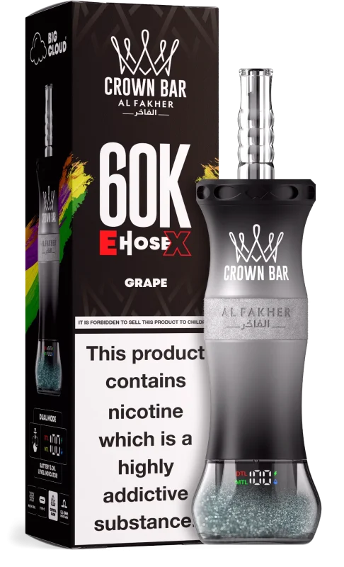Al Fakher Crown Bar E Hose X 60000 Puffar (60000 puffar) Grape 0.5% nikotin uppladdningsbar engångsvape 1000mAh dual mesh coil digital display 50ml EU lager