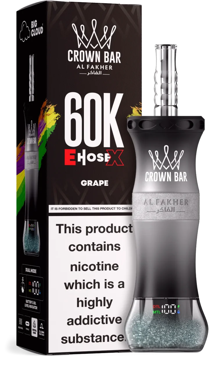 Al Fakher Crown Bar E Hose X 60000 Puffar (60000 puffar) Grape 0.5% nikotin uppladdningsbar engångsvape 1000mAh dual mesh coil digital display 50ml EU lager