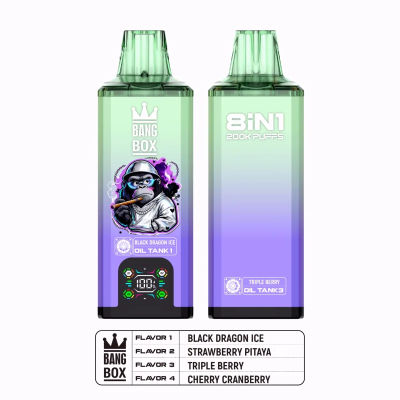 Bang Box 200K Puffar (200000 puffar) Black Dragon Ice + Strawberry Pitaya + Triple Berry + Cherry Cranberry 8-i-1 uppladdningsbar engångsvape 850mAh smart display 40ml mesh coil EU lager