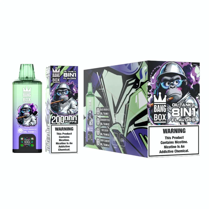 Bang Box 200K Puffar (200000 puffar) Black Dragon Ice + Strawberry Pitaya + Triple Berry + Cherry Cranberry 8-i-1 uppladdningsbar engångsvape 850mAh smart display 40ml mesh coil EU lager