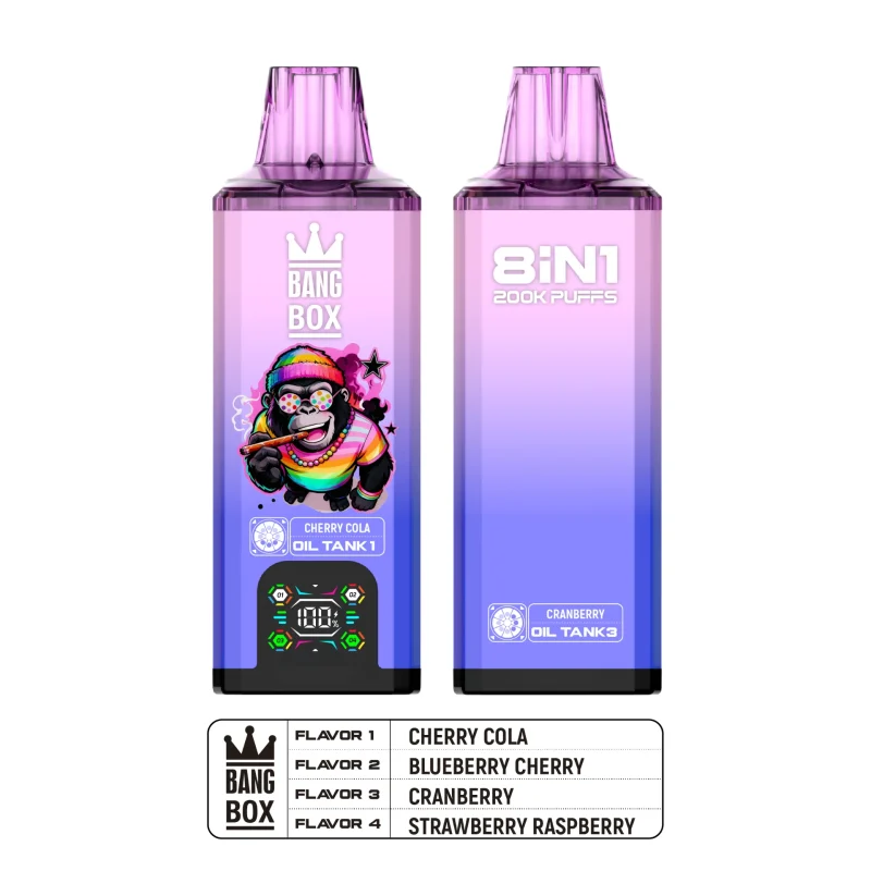 Bang Box 200K Puffar (200000 puffar) Cherry Cola + Blueberry Cherry + Cranberry + Strawberry Raspberry 8-i-1 uppladdningsbar engångsvape 850mAh smart display 40ml mesh coil EU lager