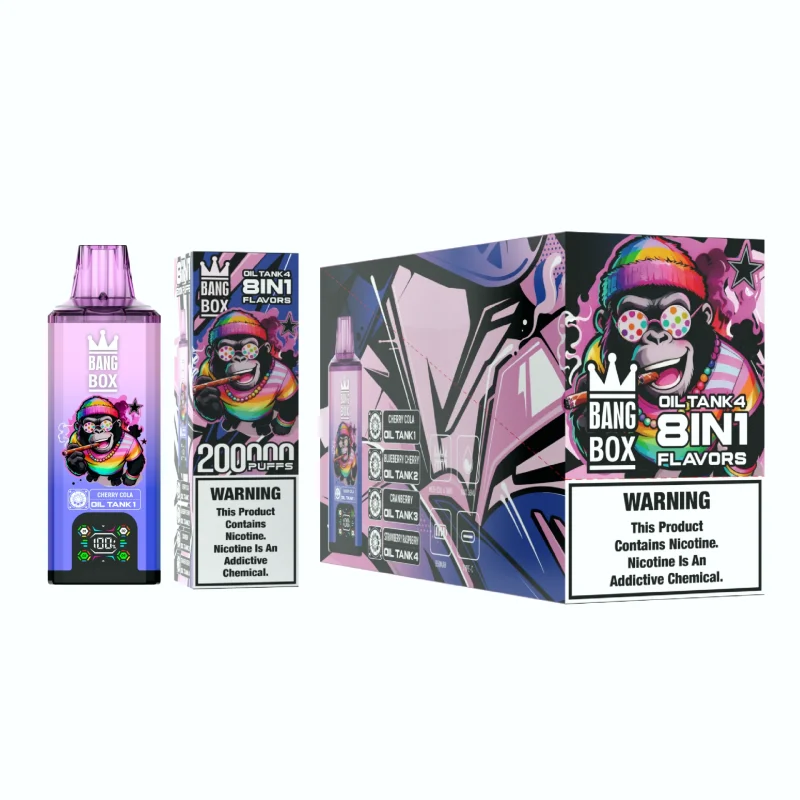 Bang Box 200K Puffar (200000 puffar) Cherry Cola + Blueberry Cherry + Cranberry + Strawberry Raspberry 8-i-1 uppladdningsbar engångsvape 850mAh smart display 40ml mesh coil EU lager