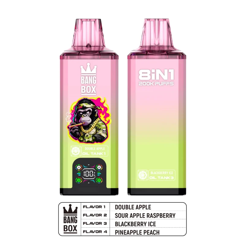 Bang Box 200K Puffar (200000 puffar) Double Apple + Sour Apple Raspberry + Blackberry Ice + Pineapple Peach 8-i-1 uppladdningsbar engångsvape 850mAh smart display 40ml mesh coil EU lager