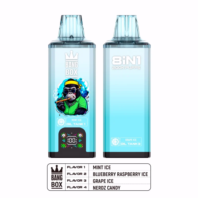 Bang Box 200K Puffar (200000 puffar) Mint Ice + Blueberry Raspberry Ice + Grape Ice + Nerdz Candy 8-i-1 uppladdningsbar engångsvape 850mAh smart display 40ml mesh coil EU lager