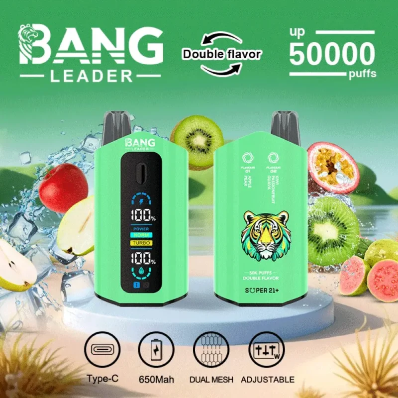 Bang Leader 50000 50K Puffar (50000 puffar) Apple Pear & Kiwi Passion Fruit Guava 2-i-1 uppladdningsbar engångsvape 36ml dual mesh LCD display