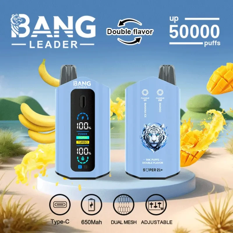Bang Leader 50000 50K Puffar (50000 puffar) Banana Ice & Mango 2-i-1 uppladdningsbar engångsvape 36ml dual mesh LCD display