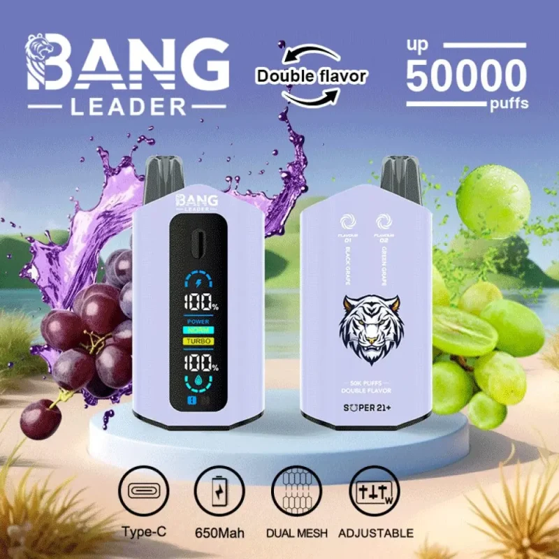 Bang Leader 50000 50K Puffar (50000 puffar) Black Grape & Green Grape 2-i-1 uppladdningsbar engångsvape 36ml dual mesh LCD display