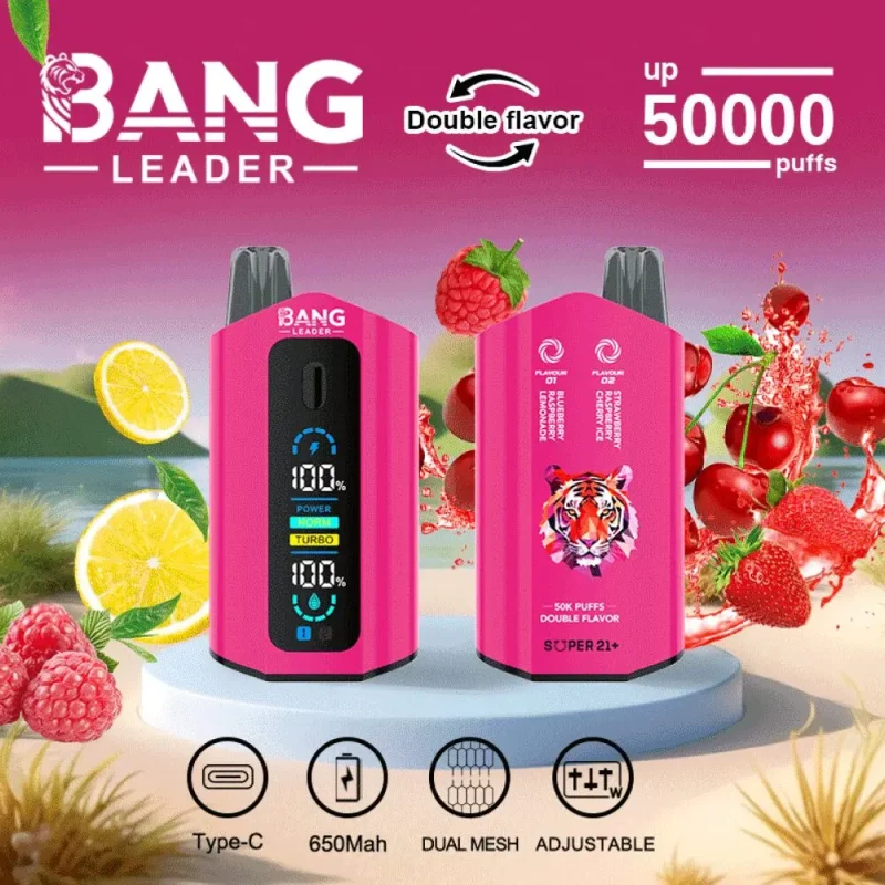 Bang Leader 50000 50K Puffar (50000 puffar) Blueberry Raspberry Lemonade & Strawberry Raspberry Cherry Ice 2-i-1 uppladdningsbar engångsvape 36ml dual mesh LCD display