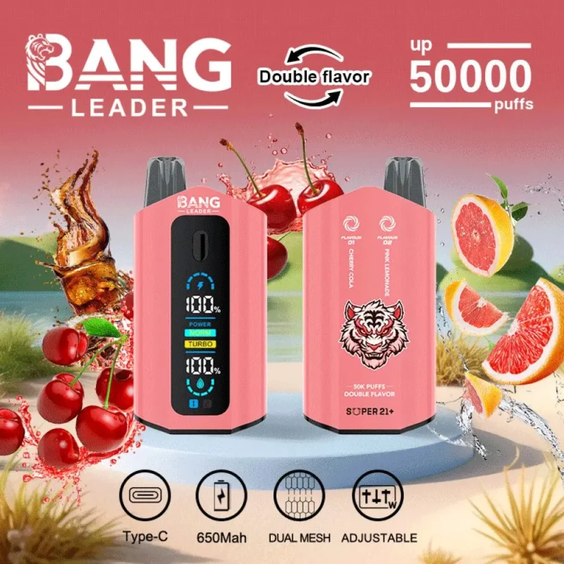 Bang Leader 50000 50K Puffar (50000 puffar) Cherry Cola & Pink Lemonade 2-i-1 uppladdningsbar engångsvape 36ml dual mesh LCD display