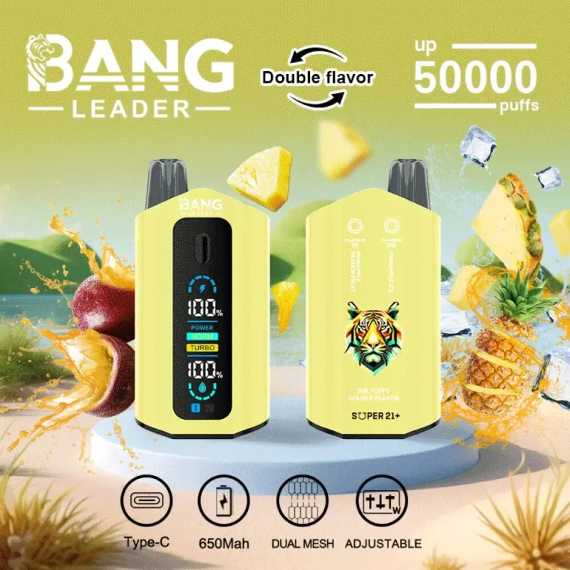 Bang Leader 50000 50K Puffar (50000 puffar) Pineapple Passion Fruit & Pineapple Ice 2-i-1 uppladdningsbar engångsvape 36ml dual mesh LCD display