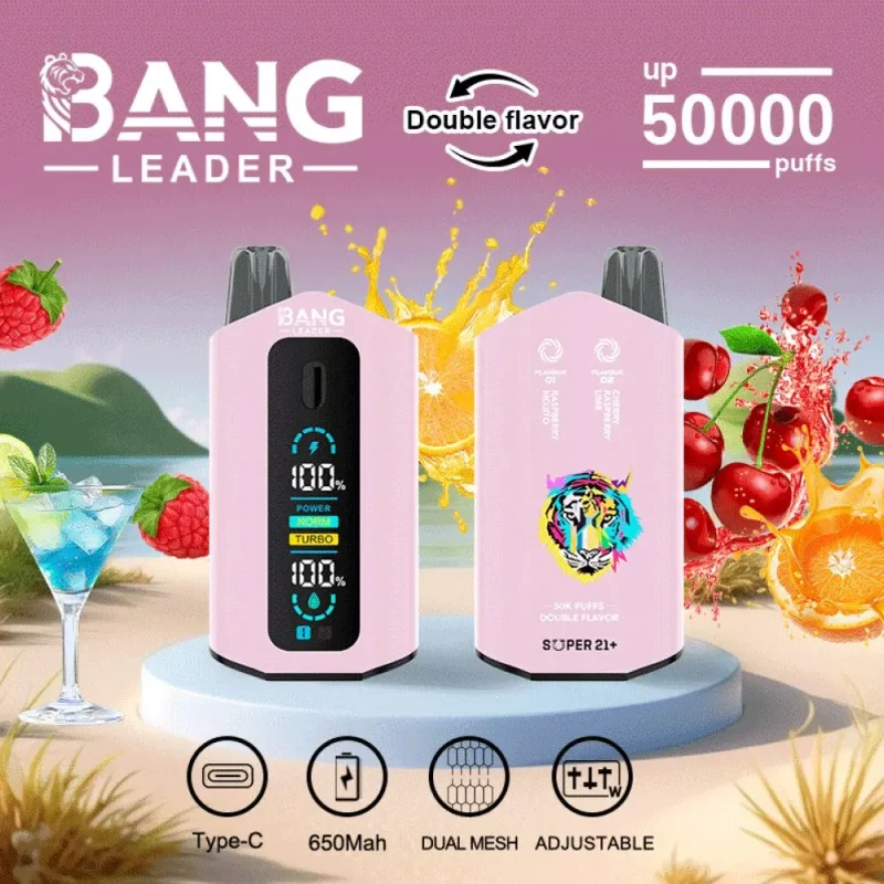 Bang Leader 50000 50K Puffar (50000 puffar) Raspberry Mojito & Cherry Raspberry Lime 2-i-1 uppladdningsbar engångsvape 36ml dual mesh LCD display