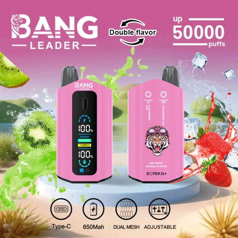 Bang Leader 50000 50K Puffar (50000 puffar) Strawberry Kiwi & Strawberry Ice 2-i-1 uppladdningsbar engångsvape 36ml dual mesh LCD display